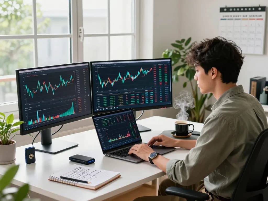 Exploring passive income crypto strategies in a vibrant home office, showcasing real-time investment insights.