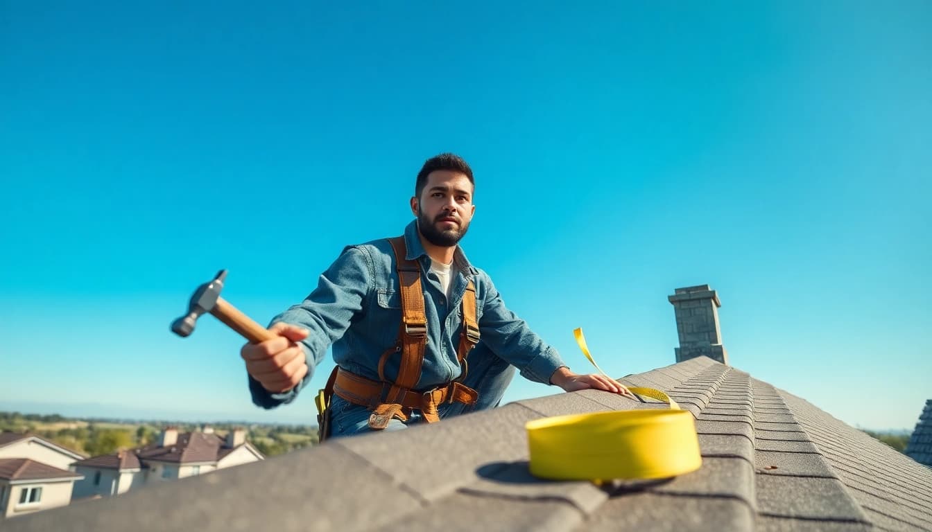 Roofing apprenticeship in action as a dedicated apprentice measures roofing materials.