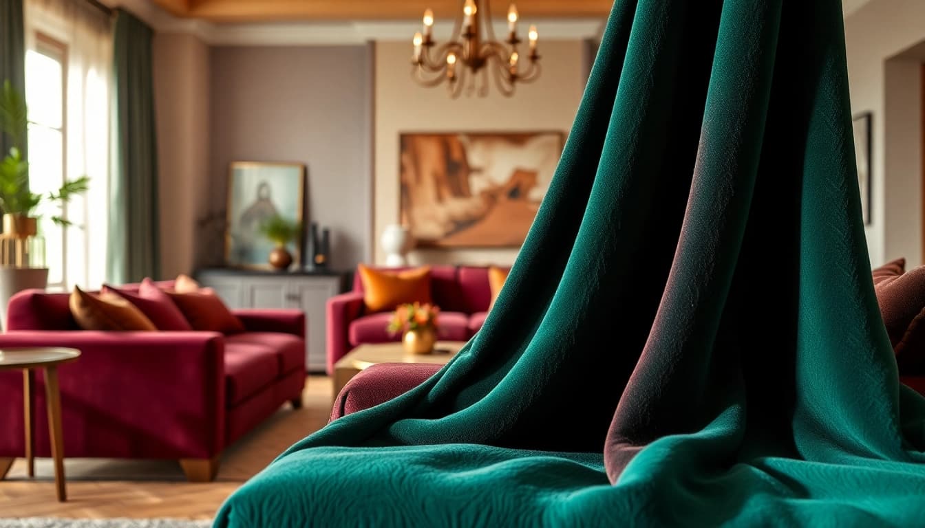 Vergelijk gordijnstof van verschillende stoffen in een stijlvolle woonkamer.