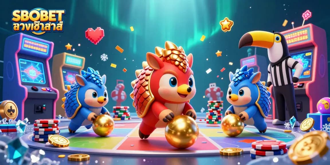 SBOBET ทางเข้าล่าสุด features rival pangolins in armor bowling through poker chips, showcasing vibrant gaming art.