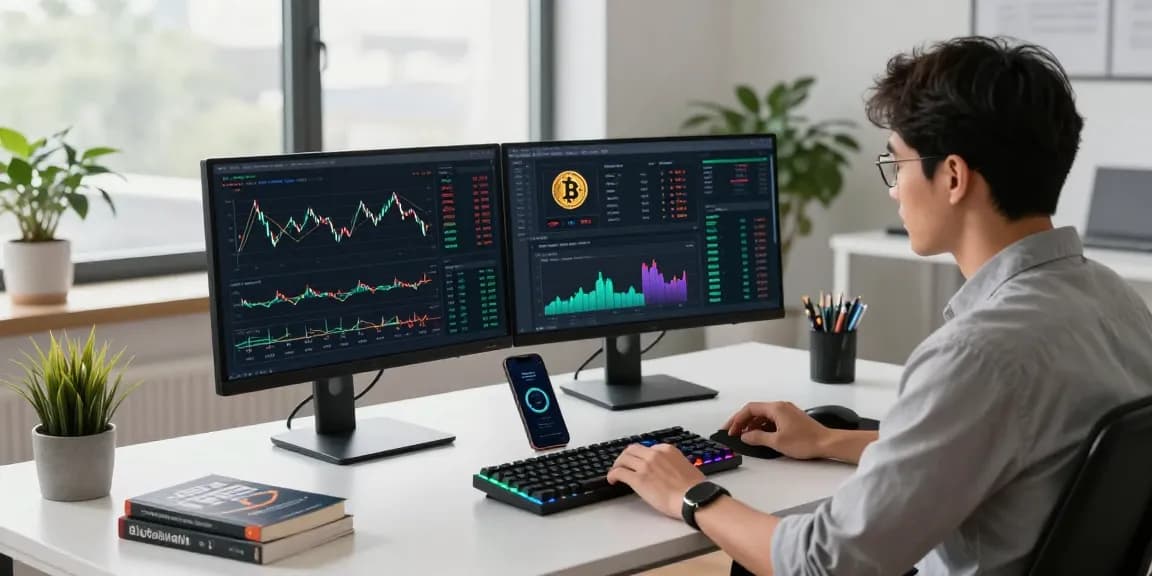 Legit cloud mining platform setup with dual monitors showing Bitcoin trading charts and DeFi analysis in a modern office.