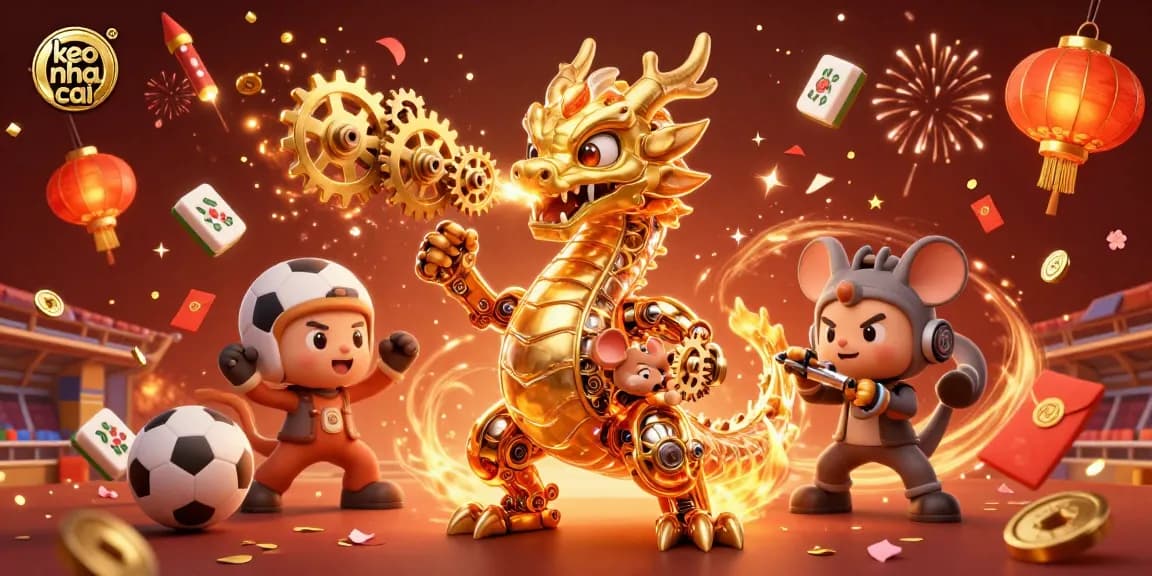 Bet on keo nha cai and witness a vibrant celebration with a golden dragon and festive elements.
