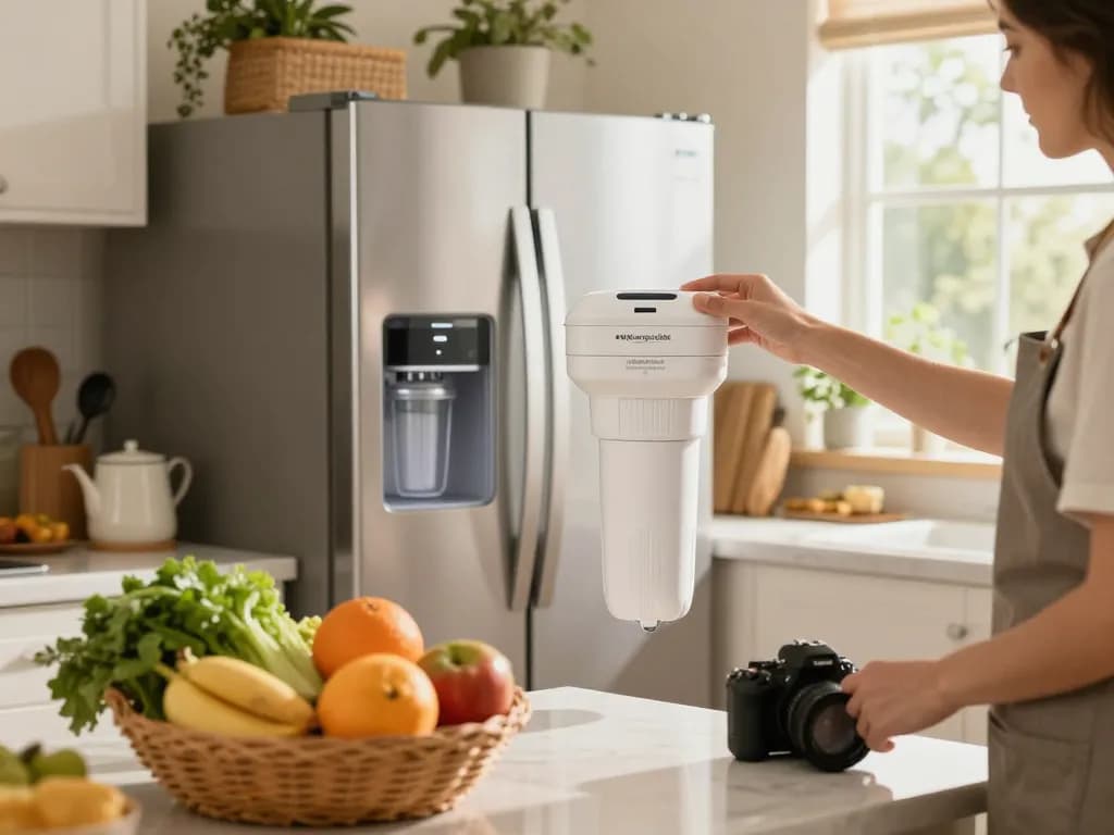 Installing Waterspecialist Replacement for GE® RPWFE® water filter in a bright kitchen with fresh ingredients.