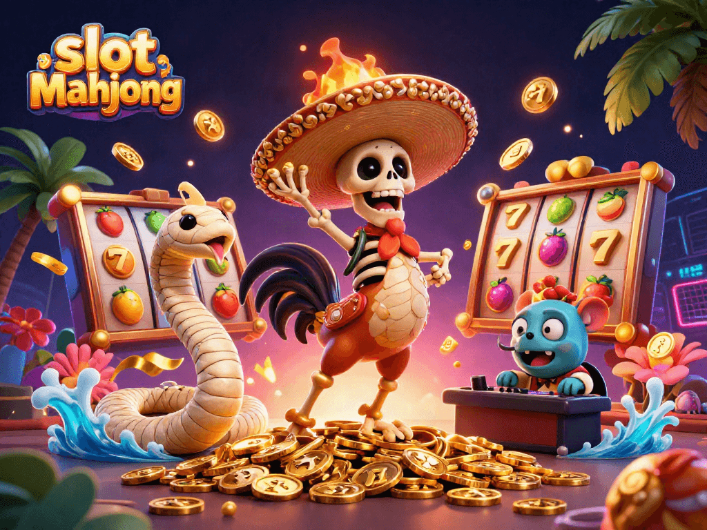 Experience the excitement of slot mahjong with energetic characters, vibrant coins, and dynamic elements.