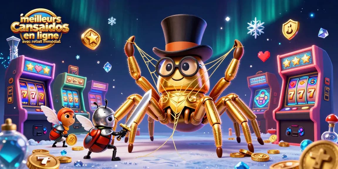 Illustration d'une tarentule dorée et un chevalier scarabée, symbolisant les meilleurs casinos en ligne avec retrait immédiat.