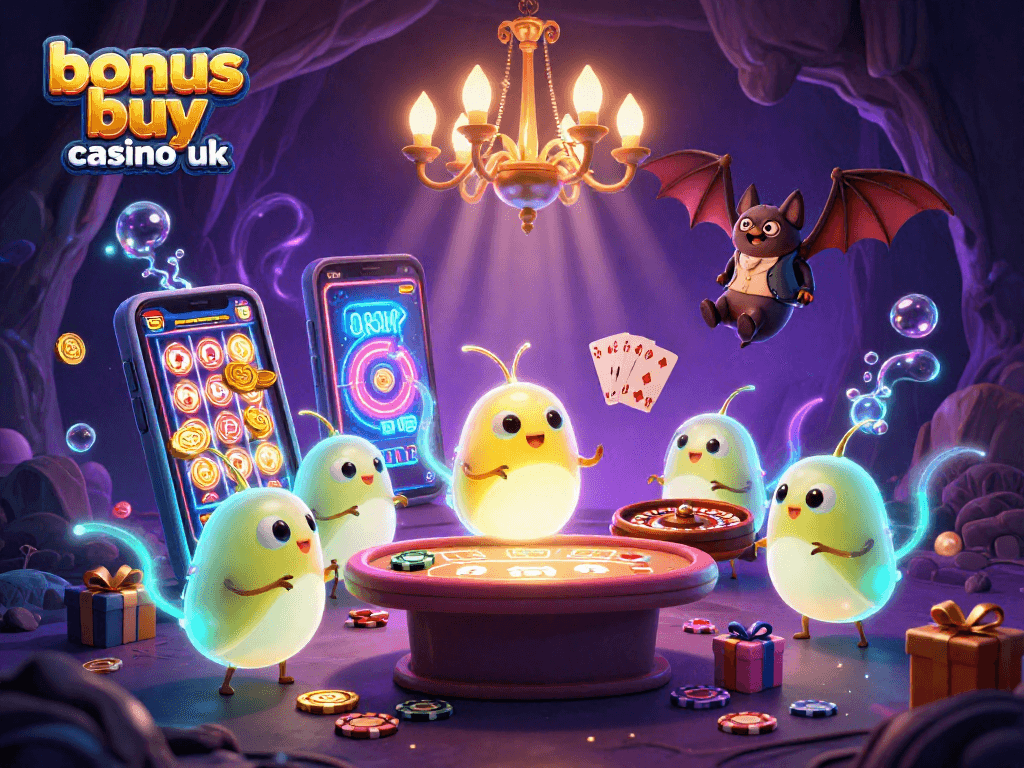 Engage with the vibrant bonus buy casino uk scene featuring glowing creatures lighting up a cave casino.