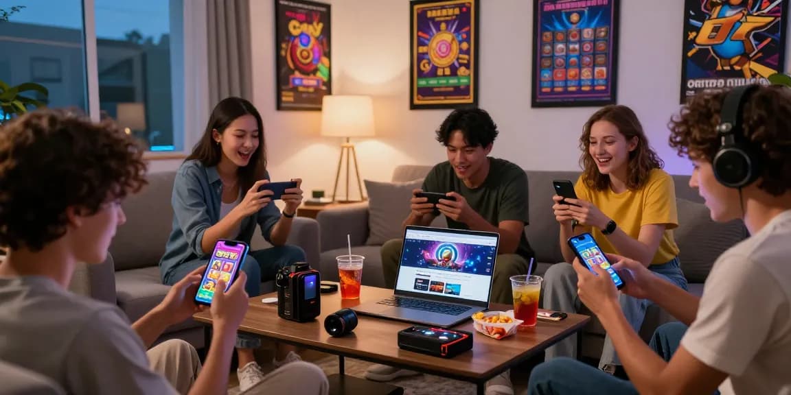 Pengguna menikmati permainan apk slot di ruang tamu modern dengan suasana ceria.