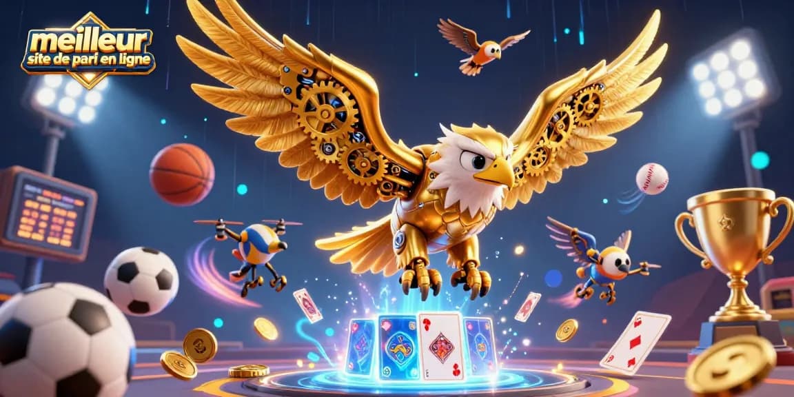 Visuel séduisant représentant un processus de pari sur le meilleur site de pari en ligne avec un aigle cybernétique et des éléments sportifs dynamiques.