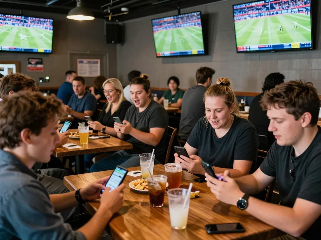 Exciting group using mobile devices for bookmakers stranieri sports betting in a vibrant sports bar.