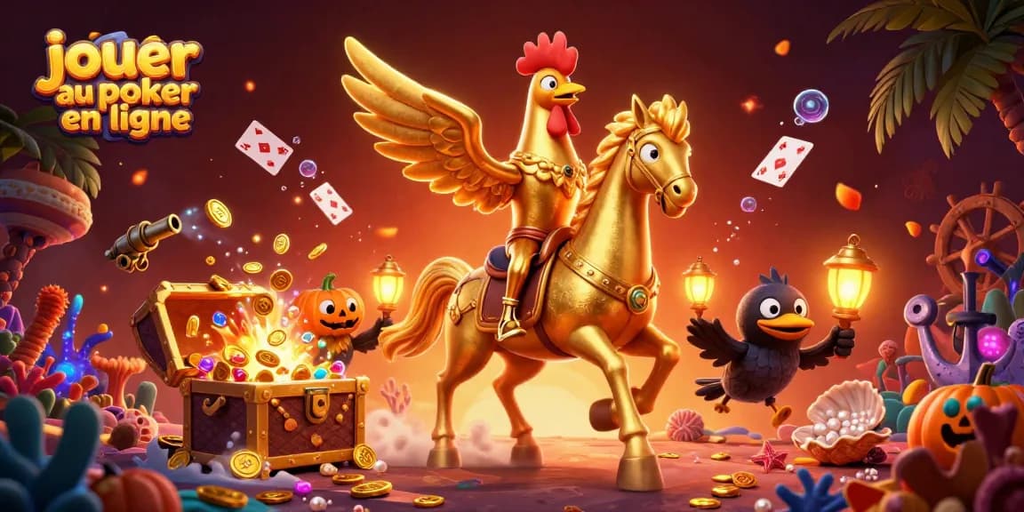 Jouer au poker en ligne avec un poulet doré spectral dans un casino vibrant.