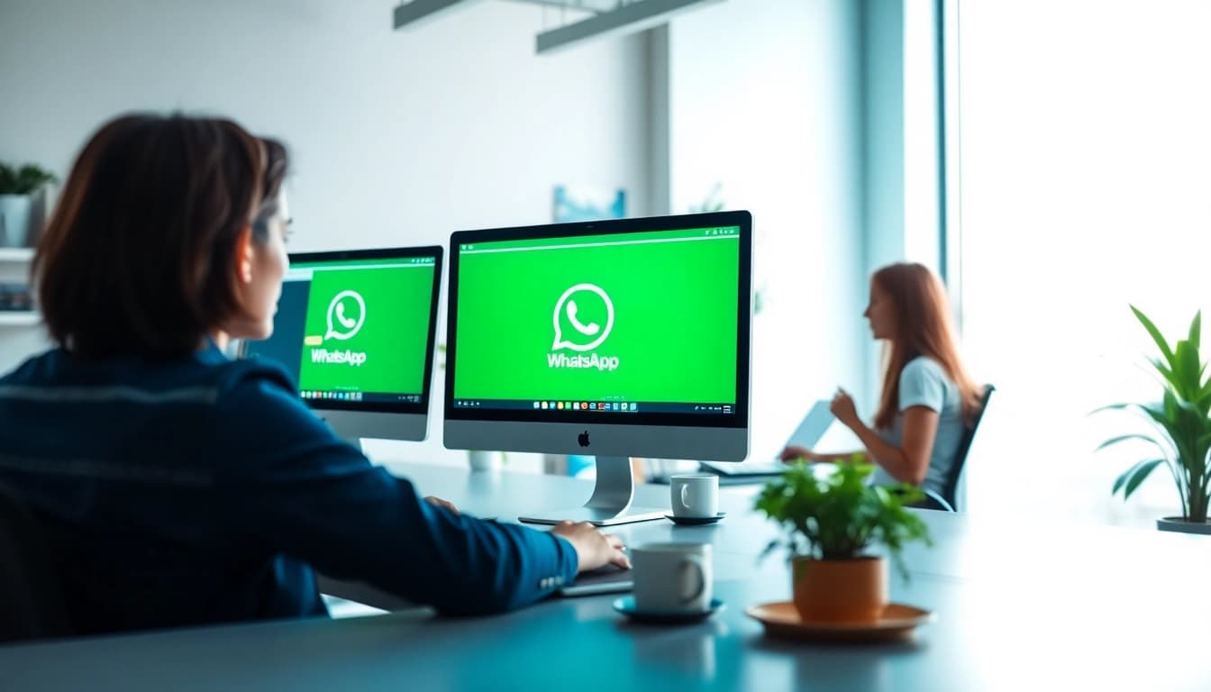朋友在现代办公环境中使用 WhatsApp网页版，展示无缝沟通。