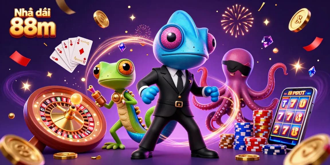 Engage with Nhà cái 88m in an ultra-detailed 3D illustration featuring vibrant casino elements.