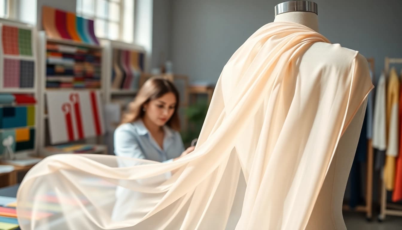 Chiffon fabric beautifully draping over a mannequin in a modern design studio.