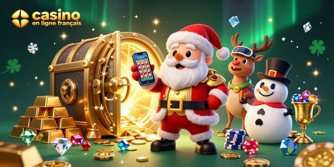 Gagnez au casino en ligne français avec Santa et ses amis dans une scène festive.