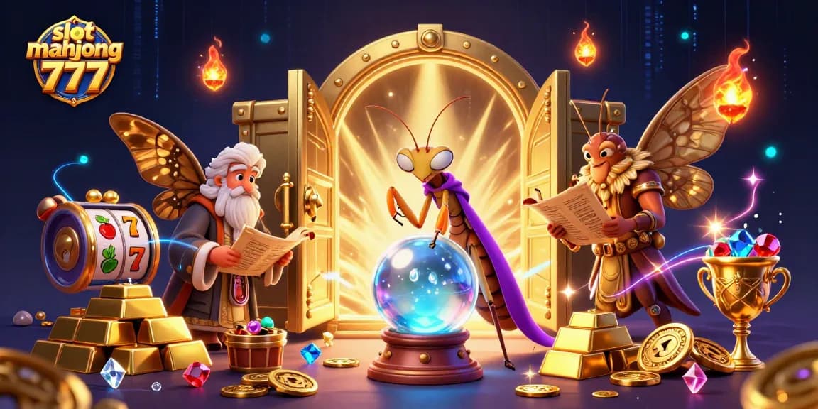 Engage with slot mahjong 777 in this vibrant 3D illustration showcasing mystical characters and casino elements.