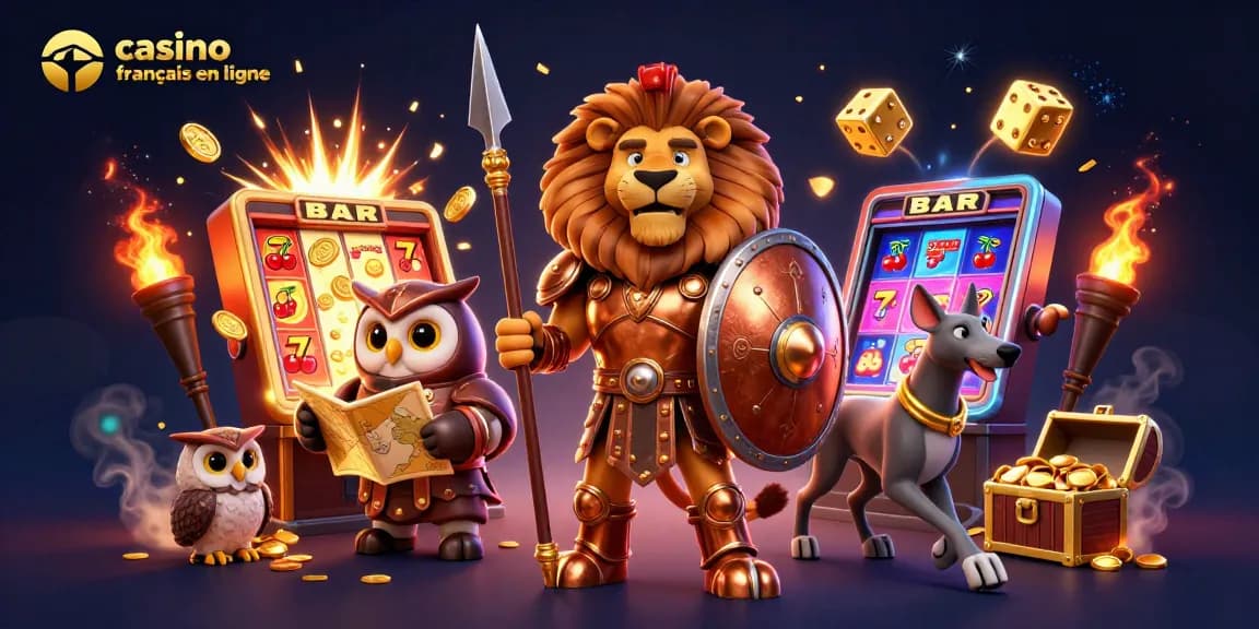 Découvrez le casino français en ligne à travers une illustration fascinante d'un lion spartiate et un hibou stratégique.