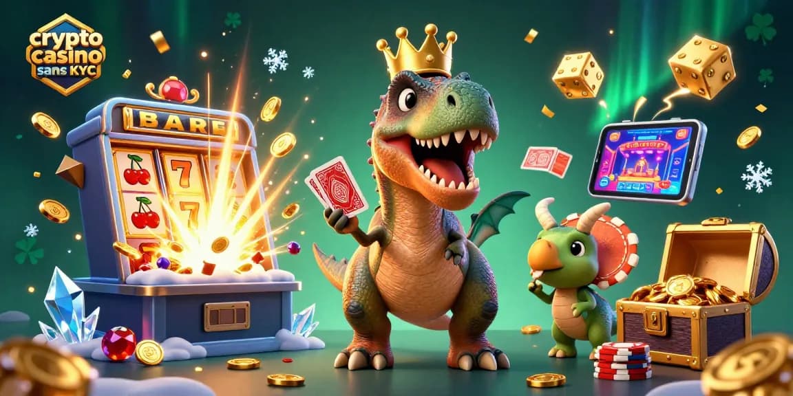 Jouez dans un crypto casino sans KYC où des dinosaures s'amusent avec des machines à sous et des jetons dorés.
