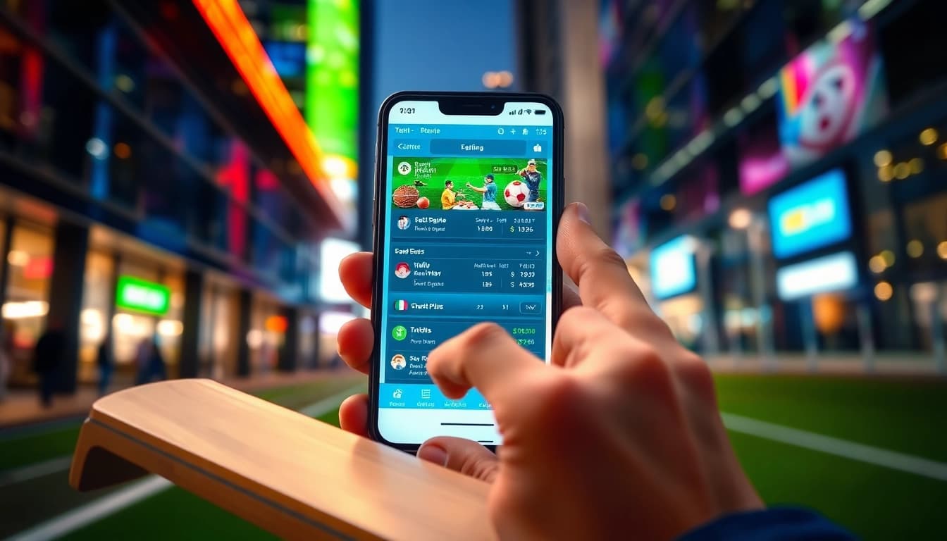 Engaging user interacting with sports betting apps India showcased on a modern smartphone amidst a vibrant city.
