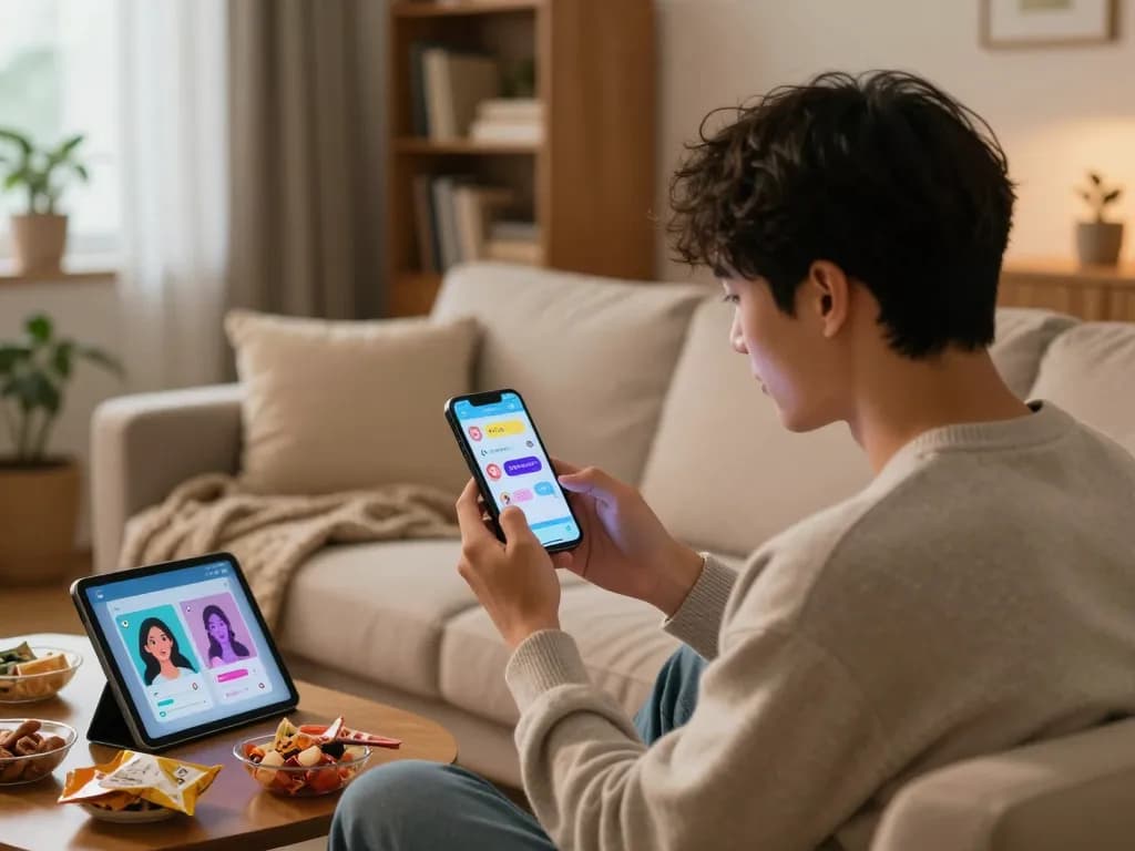 Engaging with an ai girlfriend app on a smartphone in a cozy living room, showcasing AI avatars and a warm atmosphere.