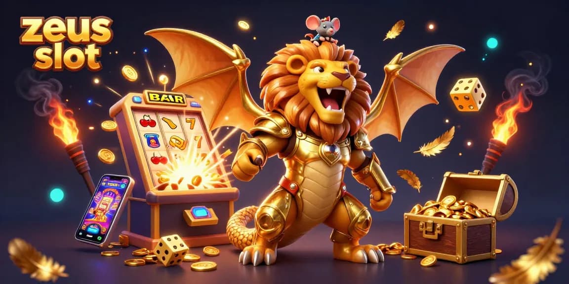Engage in zeus slot adventures with a roaring chimera, jackpot coins, and vibrant casino symbols.