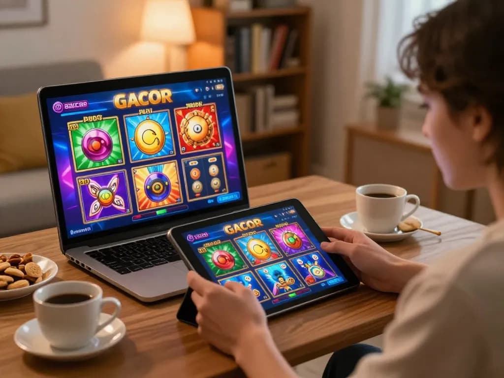 Engaging with slot gacor games on a tablet in a cozy home setting.