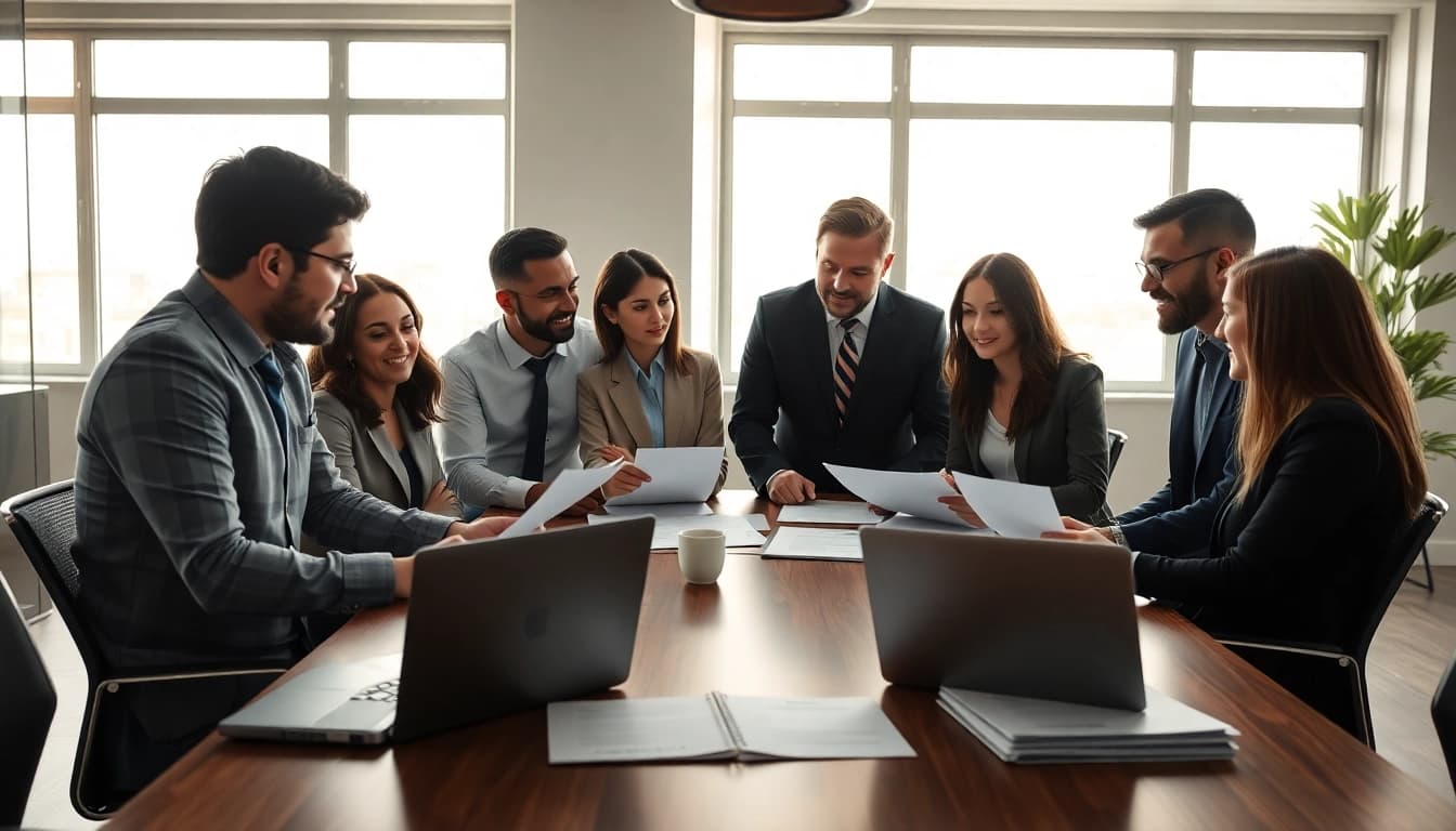 Engaged team collaborating on Contract Management strategies in a bright office environment.