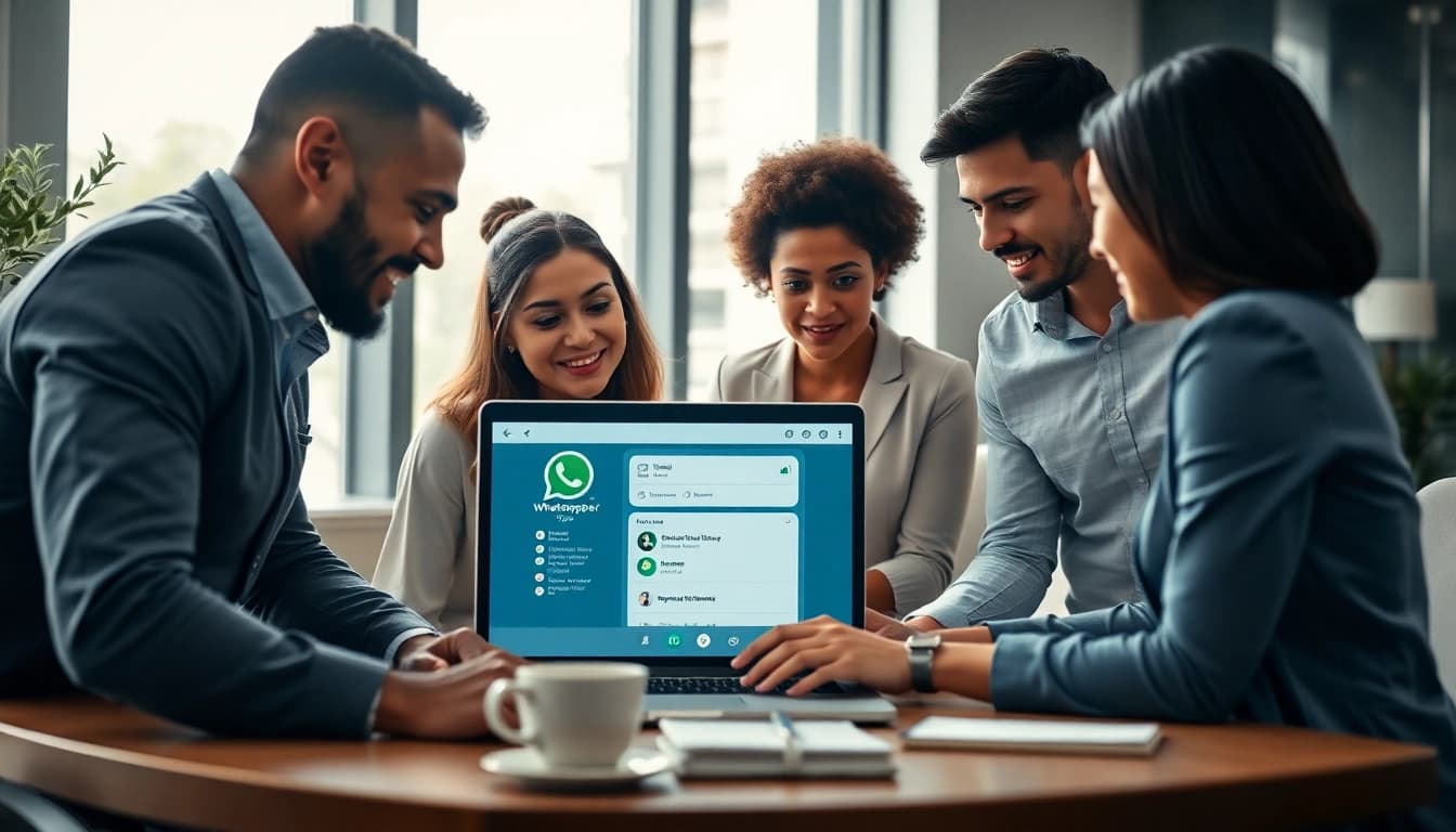 Team analyzing the WhatsApp Business CRM platform in a contemporary office setting