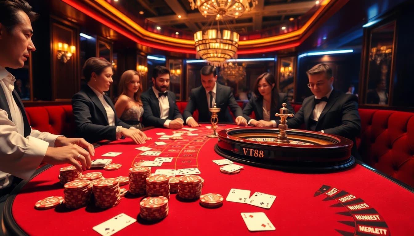 VT88 players engaging in an energetic casino game with vibrant poker chips and cards.
