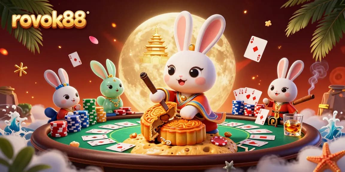 Engage with rokok88 in this vibrant moonlit casino scene featuring poker chips, a rabbit, and a golden palace.