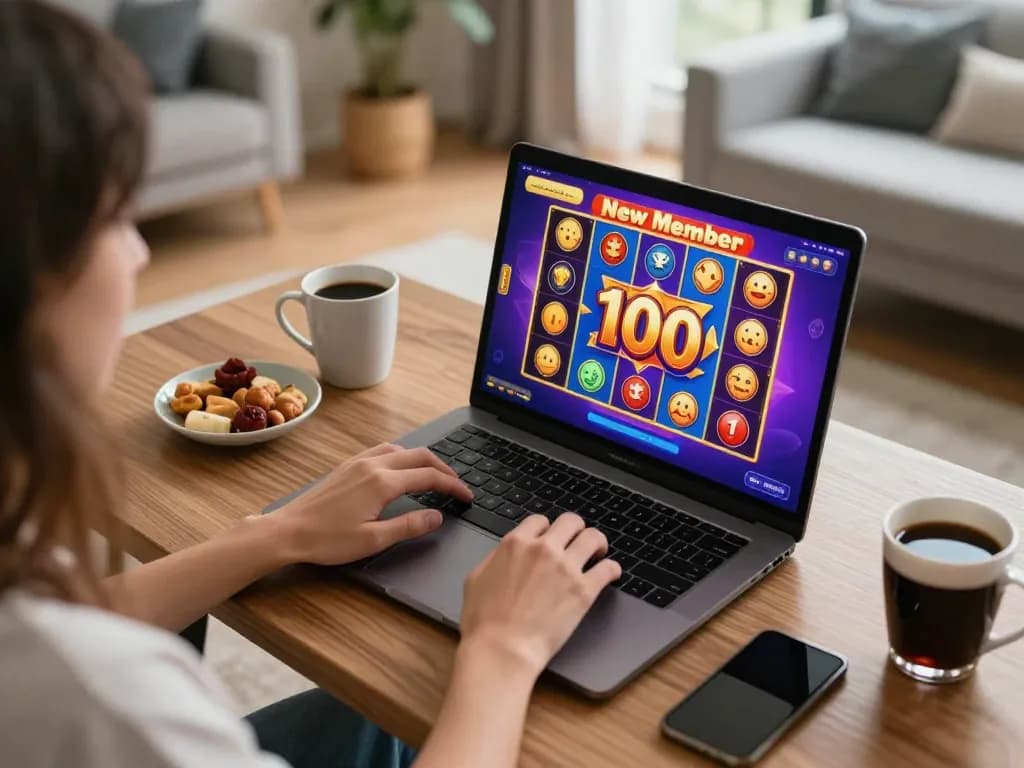 Engaged player enjoying slot bonus new member 100 in an online casino setup at home