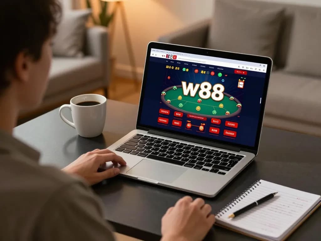 Engaging scene of online poker gameplay on w 88, showcasing a focused player with notes and coffee at a cozy desk.
