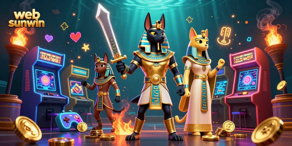 Engage with Casino adventures on web sunwin featuring Anubis and Bastet in a vibrant gaming scene.