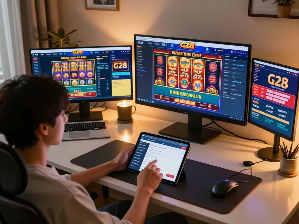 Engaging with G28 online casino from home, showcasing strategic gameplay and comfortable setup.