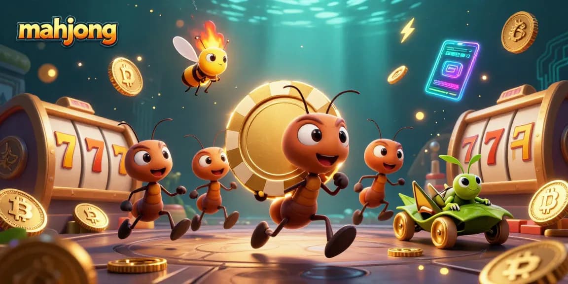 Engage with mahjong dynamics featuring playful ants in a golden poker heist amidst rich casino visuals.