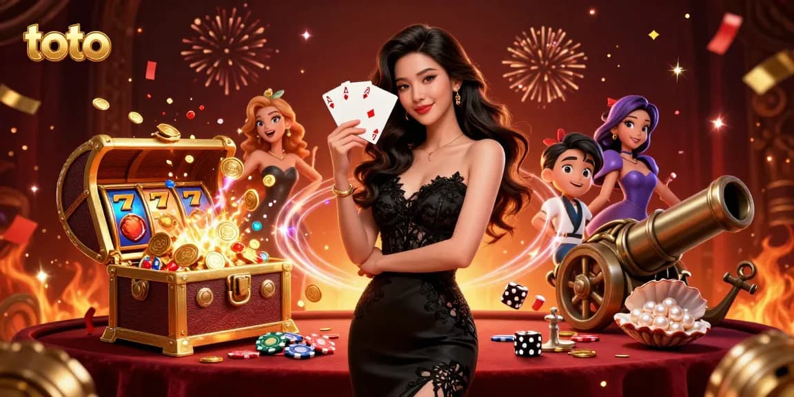 Explore exciting gaming action with toto as elegant dealer presents winning slots in vibrant casino
