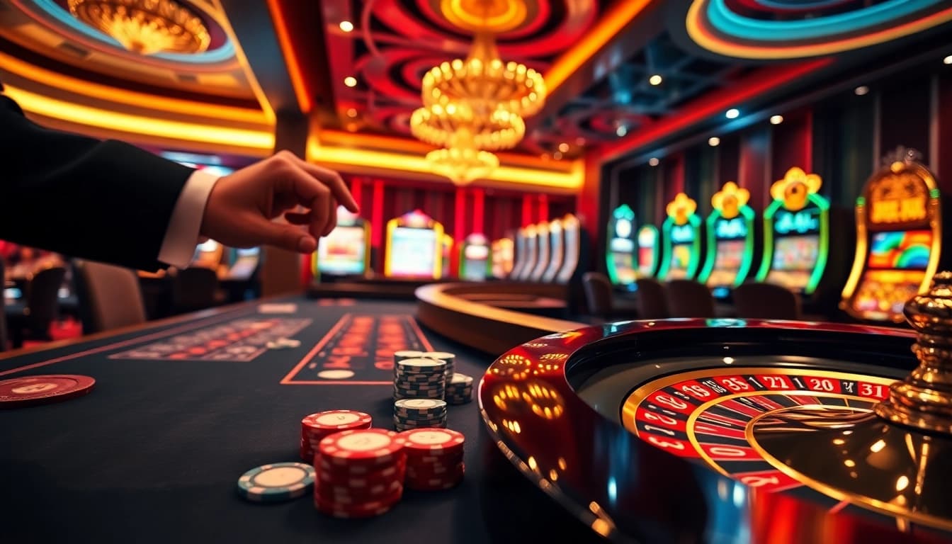 Scène excitante du meilleur casino en ligne 2026 avec des jetons de poker vibrants et des roues de roulette.