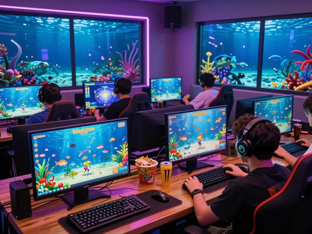 Bắn cá hubet88 online gaming scene with players celebrating fish catches and engaging in vibrant ocean graphics.