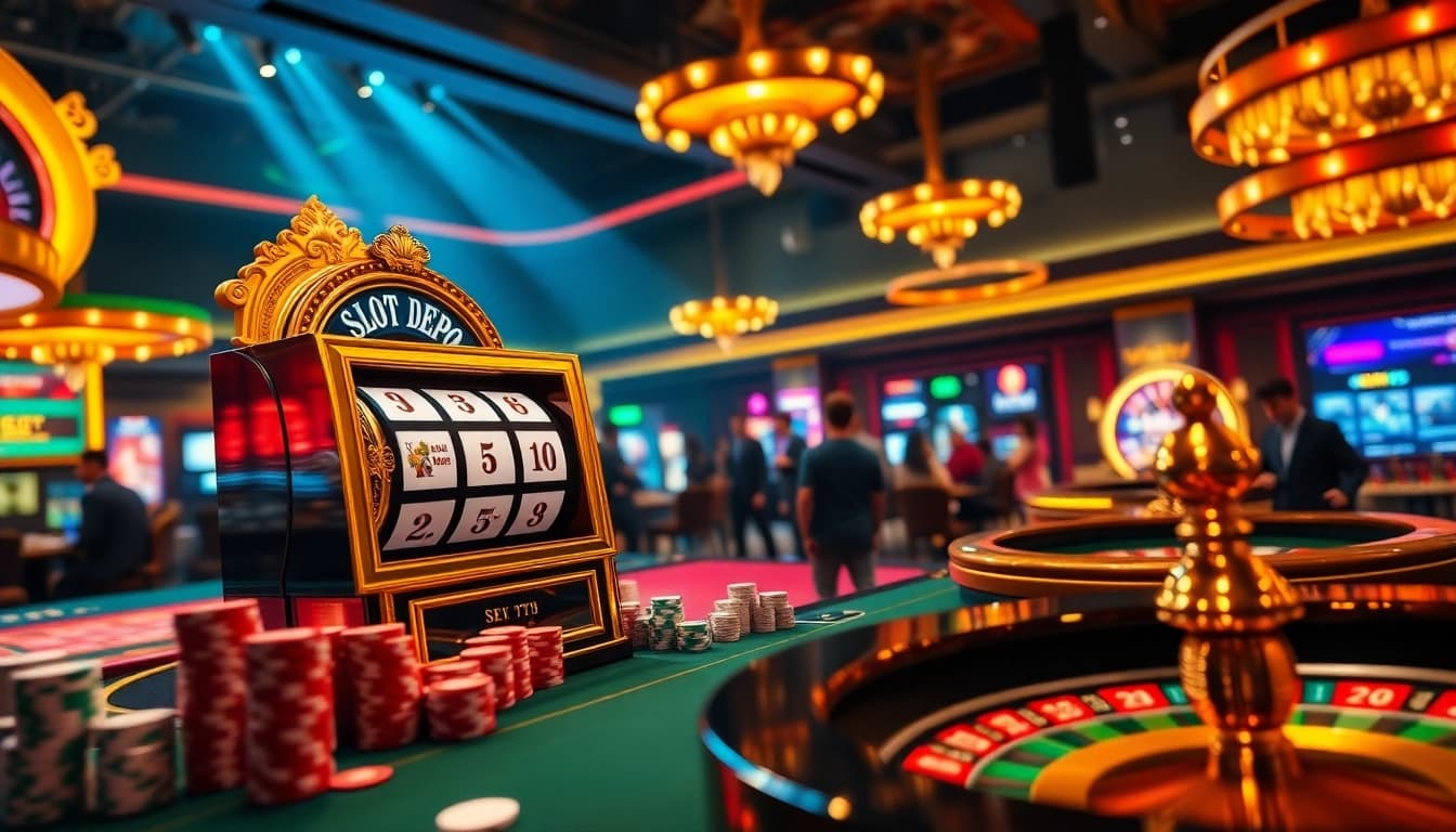 Players engaging with the exciting slot depo 5rb, experiencing thrilling wins in a luxury casino atmosphere.
