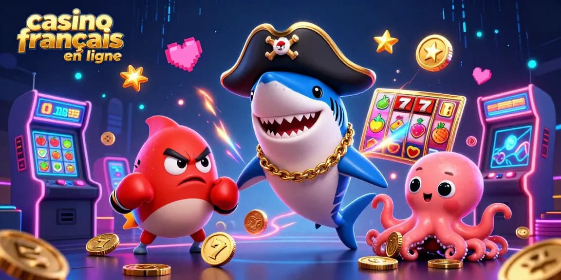 Jouez avec le casino français en ligne dans une scène animée avec un requin-pirate et un poulpe tenant des pièces d'or.