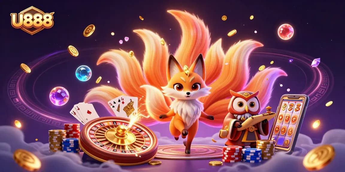 Experience thrilling slots and jackpots at U888 with vibrant characters and casino elements.