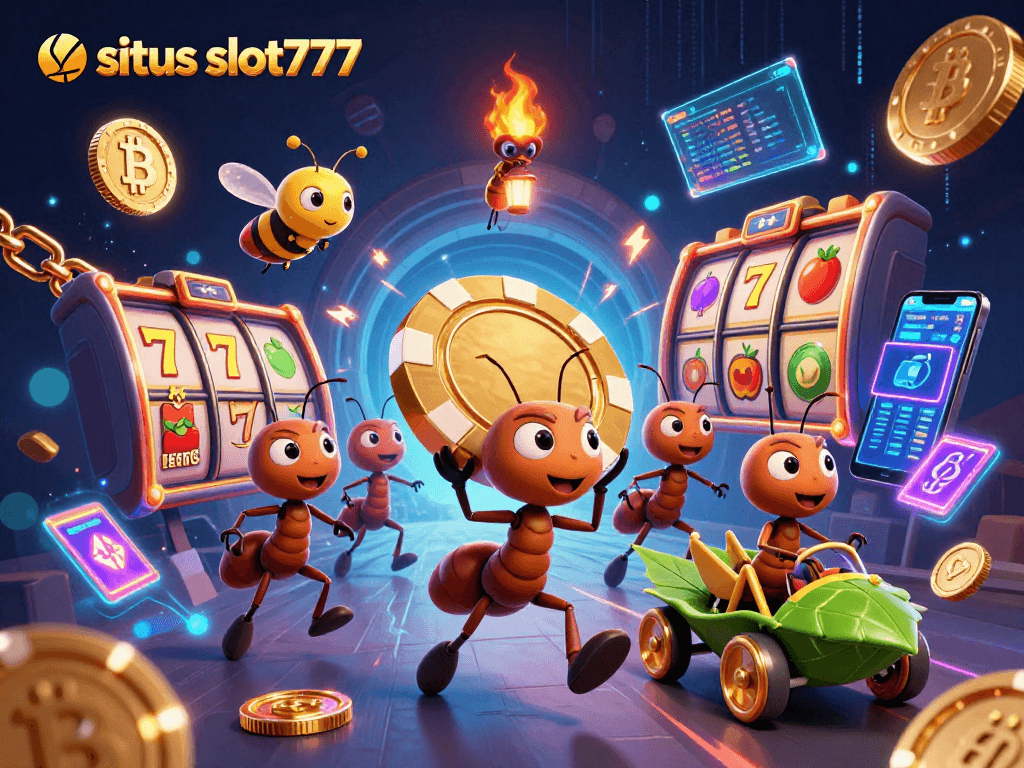 Experience situs slot777 with a colorful heist scene featuring a band of cartoon ants and vibrant casino elements.