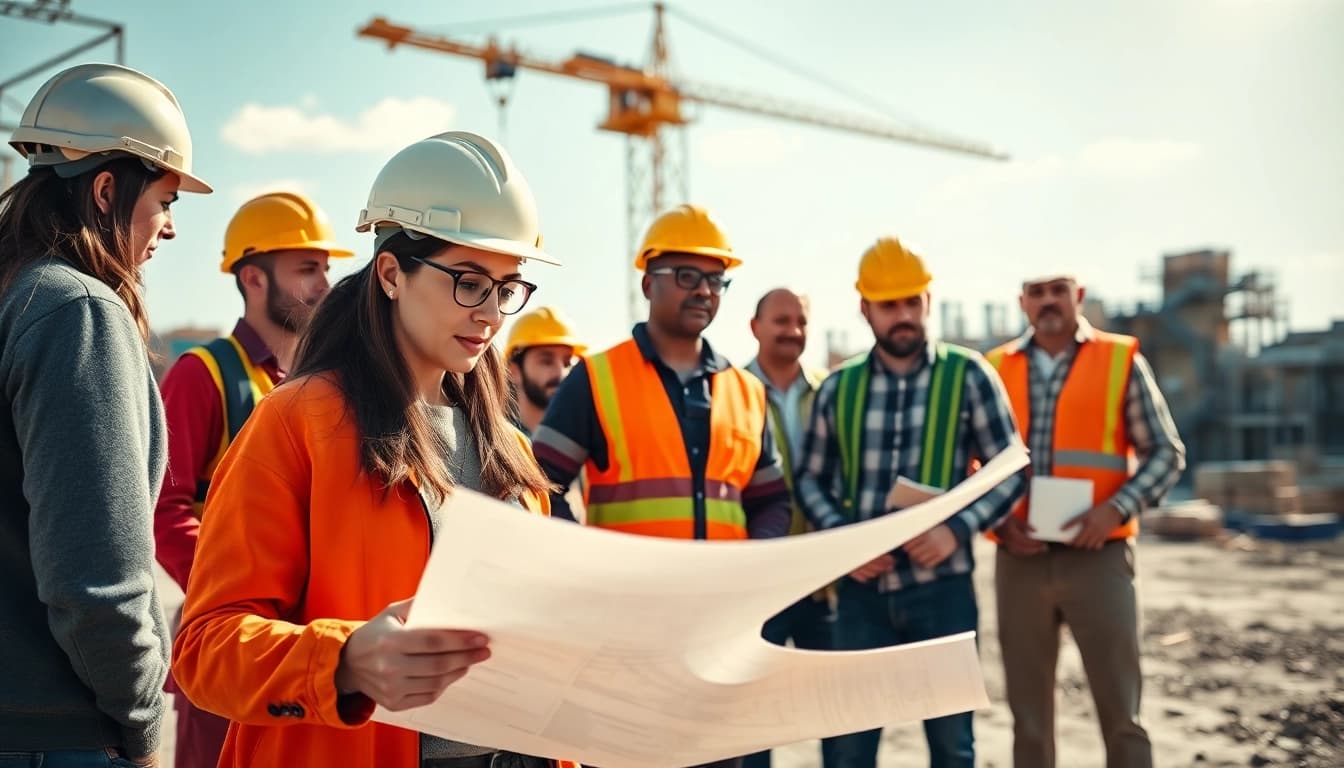 Construction career scene with diverse workers on site collaborating effectively.