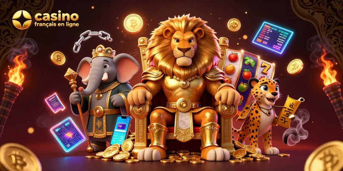 Admirez une scène de casino français en ligne avec un roi lion, un éléphant sage et un guépard, entourés de symboles de jeu.