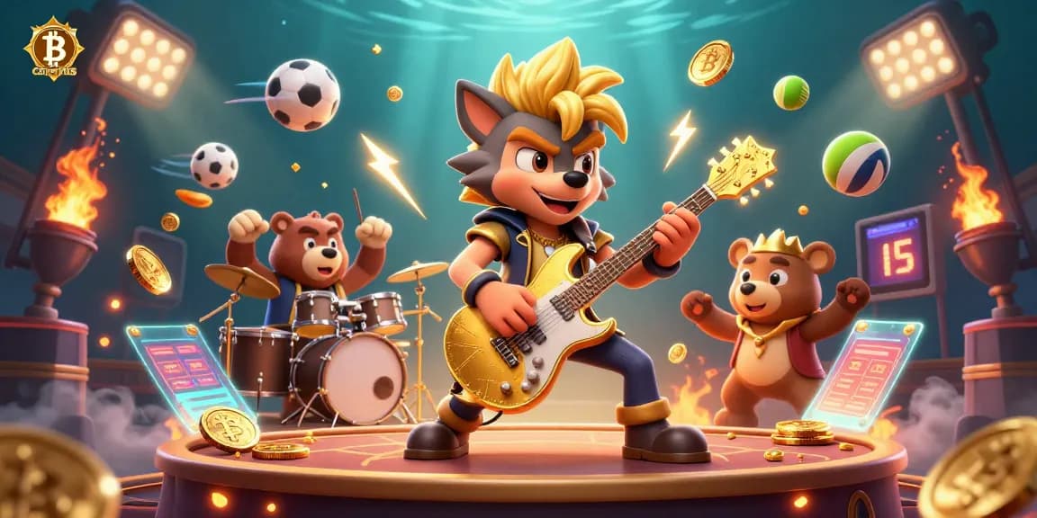 Jouer aux Bitcoin casinos avec des personnages animés sur scène, réunissant énergie et divertissement.
