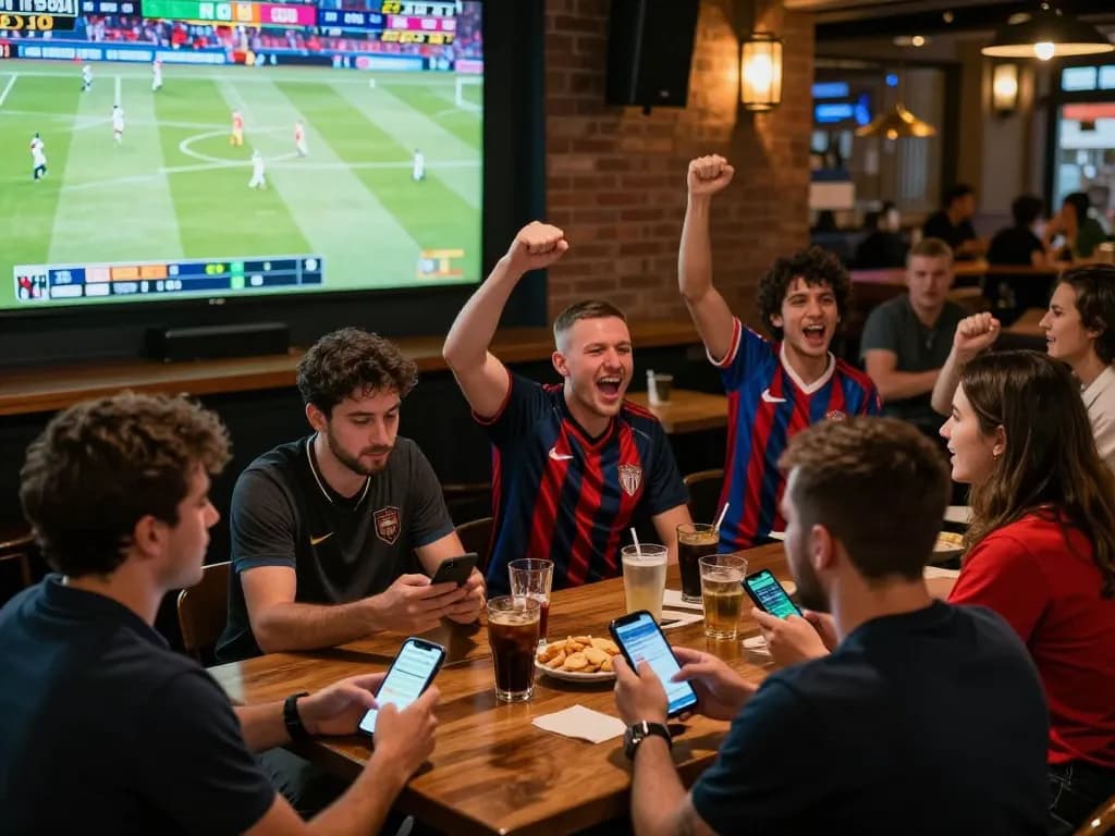 Exciting sports betting action at a lively bar, featuring Canada online casinos reddit enthusiasts celebrating game wins.