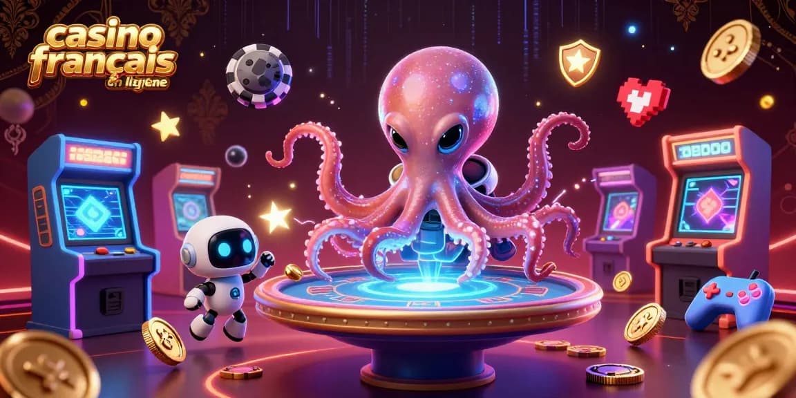 Vivez l'expérience d'un poker intergalactique avec casino français en ligne, présenté par un poulpe en 3D et son robot.