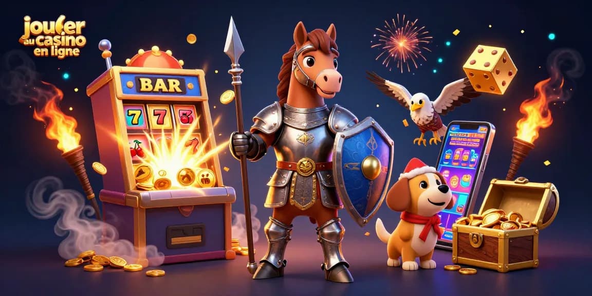Tout pour jouer au casino en ligne avec un cheval médiéval et un chien écuyer, entourés de machines à sous.