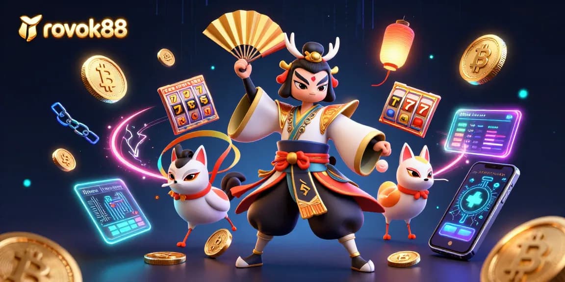 Spin the reels with rokok88 in a dynamic and colorful casino scene featuring vivid 3D characters and gaming elements.