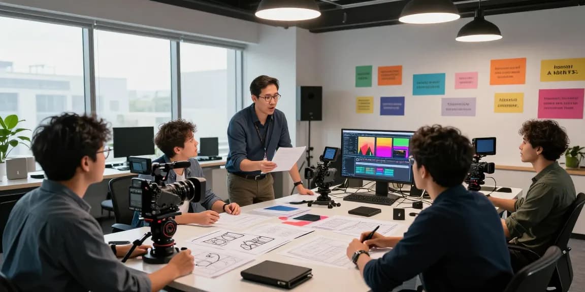 Creative Corporate & Commercial Video Production Sg showcased in a vibrant studio with a diverse team collaborating on dynamic projects.