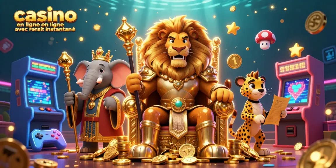 Découvrez le casino en ligne avec retrait instantané et son roi majestueux, entouré de jeux colorés.